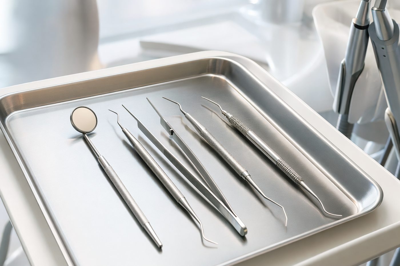 Instrumentos odontológicos organizados em imagem ilustrativa.